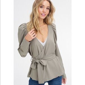 Lt Olive V-Neck Wrap Puff Shoulder Top